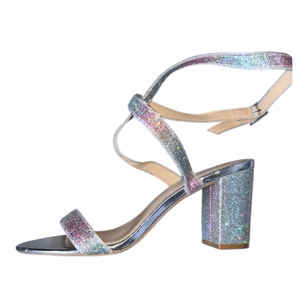 Jewel Badgley Mischka Silver Block Heel Sandals, 3 1/4” heel
